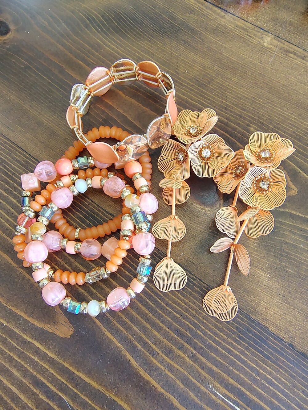 Rose Gold Floral Drop Earrings and Pink Beaded Bracelet Set